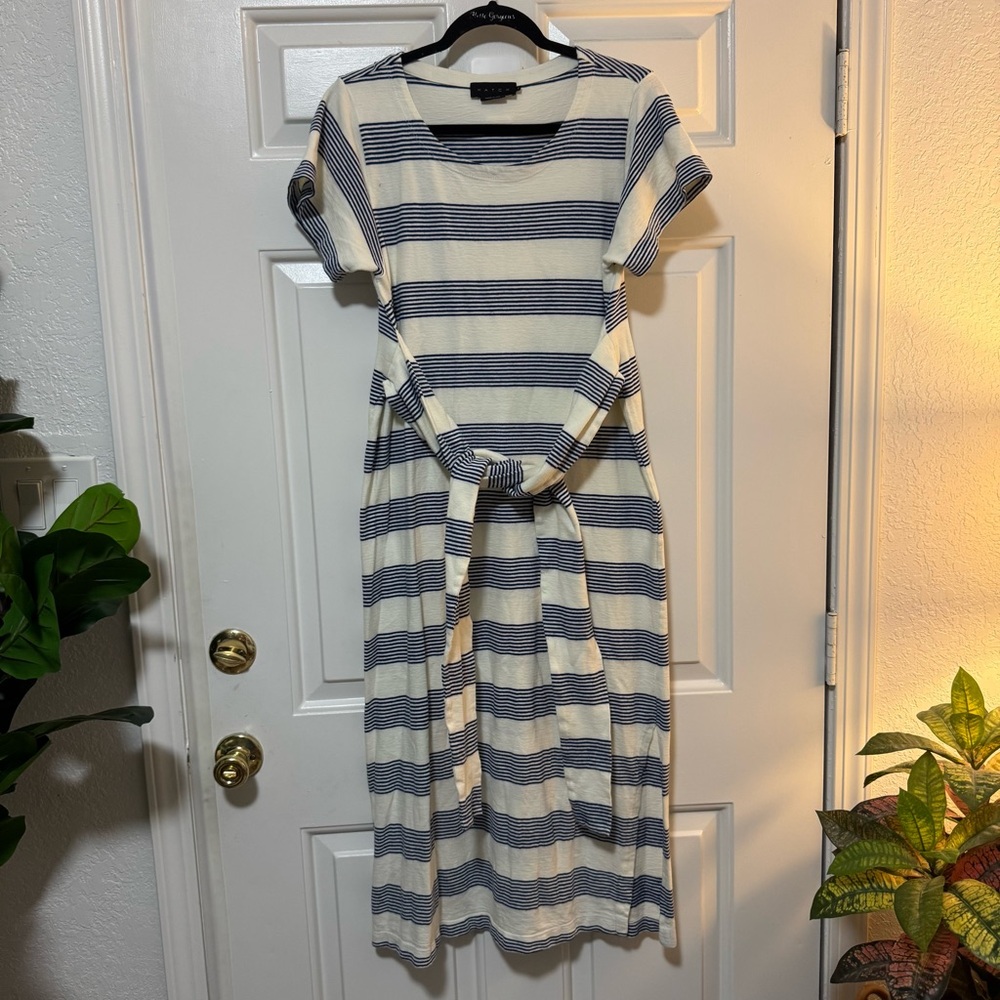 Hatch Maternity Sona Striped Maxi Shirt Dress Side Slits, Tie Waist Size 0